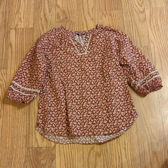 Lands' End Tops - Lands' End Floral Boho Blouse Red Orange Crochet Trim Retro 70s Women's Size LP